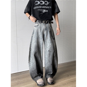 2025新款美式泼墨水洗渐变弯刀牛仔裤嘻哈阔腿现货K8412-P48图片