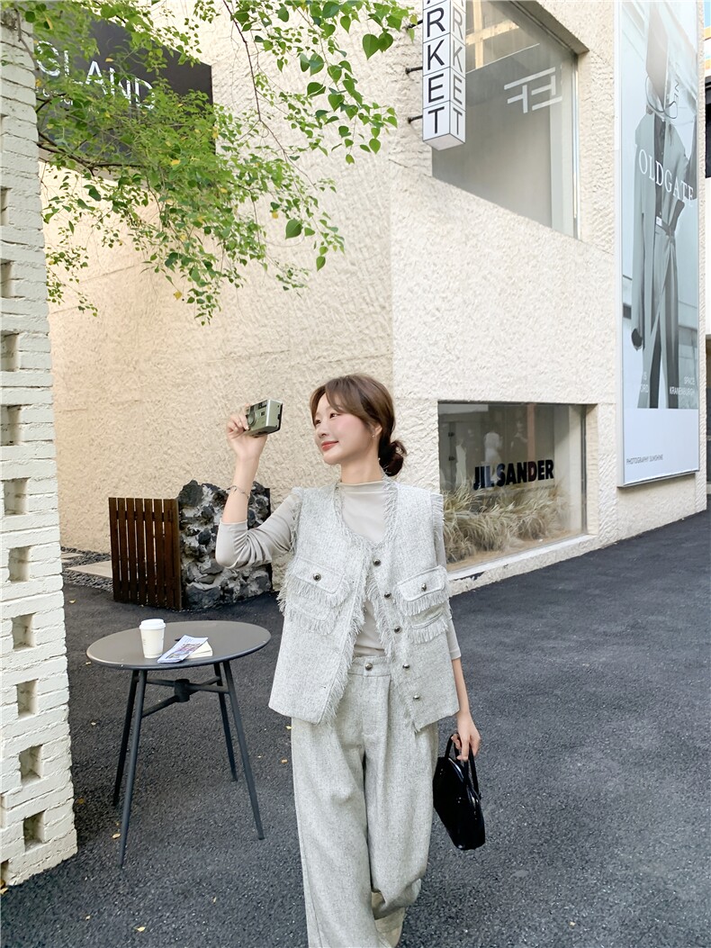 小香风流苏马甲阔腿裤套装女春秋法式气质优雅三件套,女装套装/套裙,2C269