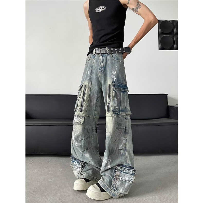 小众vibe废土重工做旧机能阔腿工装裤男潮牌拖地牛仔裤N07837-P93，男装牛仔裤，星座308B-2