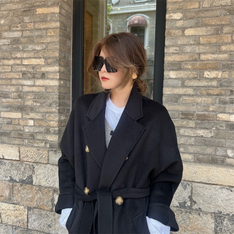 2025年夏季新款百搭女士长款长袖polo领大衣,女装双面呢大衣,蒙绒特