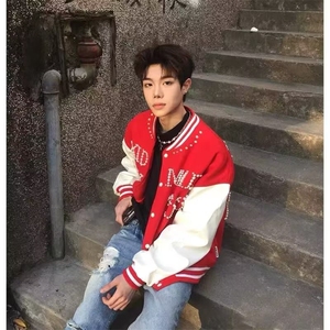 美式珍珠刺绣拼接撞色棒球服外套男女春季情侣休闲宽松夹克JKT77图片