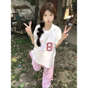 H0791-P35 贴布刺绣螺纹领包边拉肩休闲短袖T恤女图片