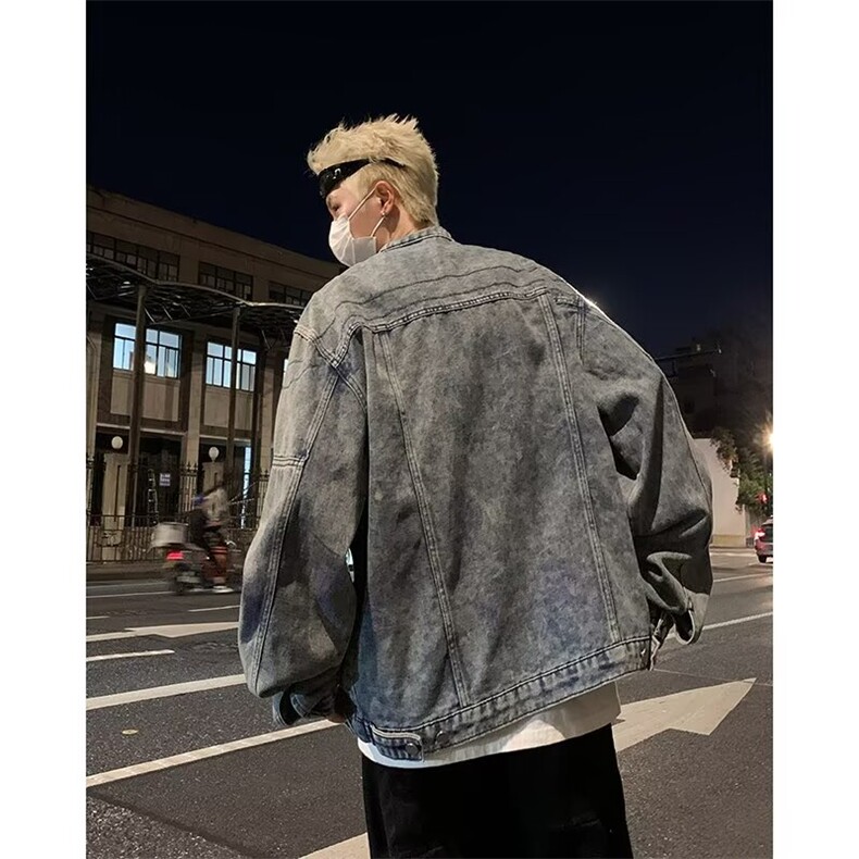 美式复古做旧水洗垫肩短款拼接牛仔外套潮牌金属设计8840-P78,男装工装外套,星座1109-3