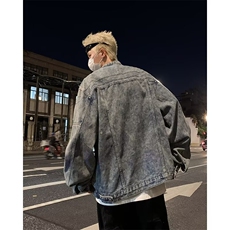 美式复古做旧水洗垫肩短款拼接牛仔外套潮牌金属设计8840-P78，男装工装外套，星座1109-3