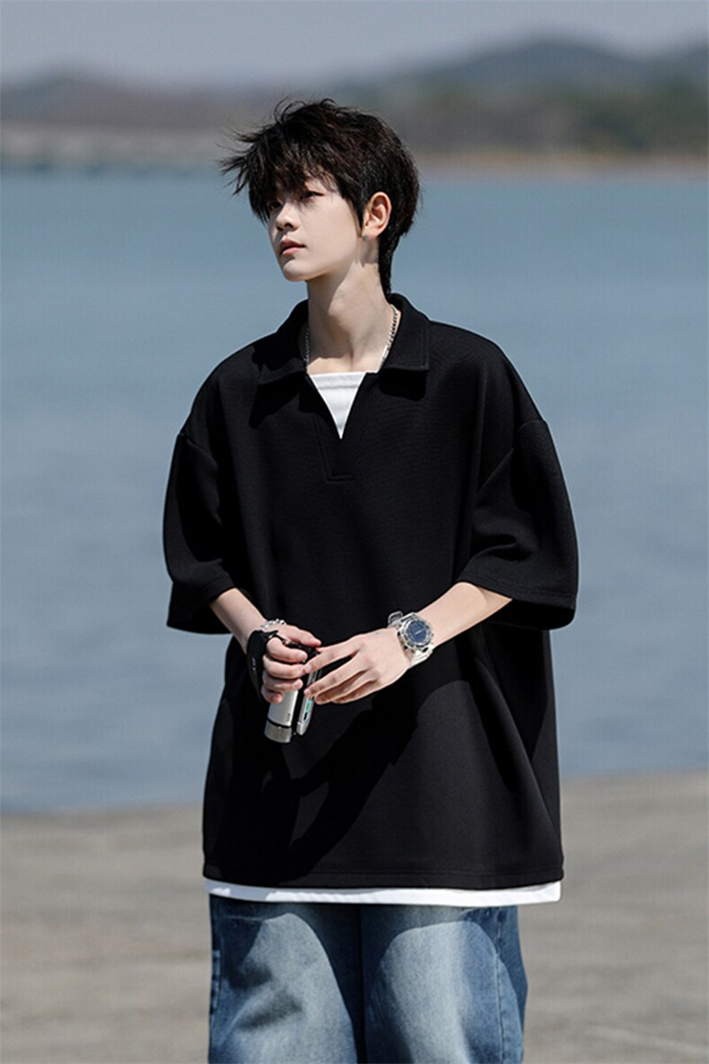 8XL-M假两件V领短袖t恤男夏翻领半袖宽松重磅华夫格大码DT001P40,男装T恤,电商B312