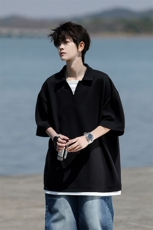 8XL-M假两件V领短袖t恤男夏翻领半袖宽松重磅华夫格大码DT001P40，男装T恤，电商B312