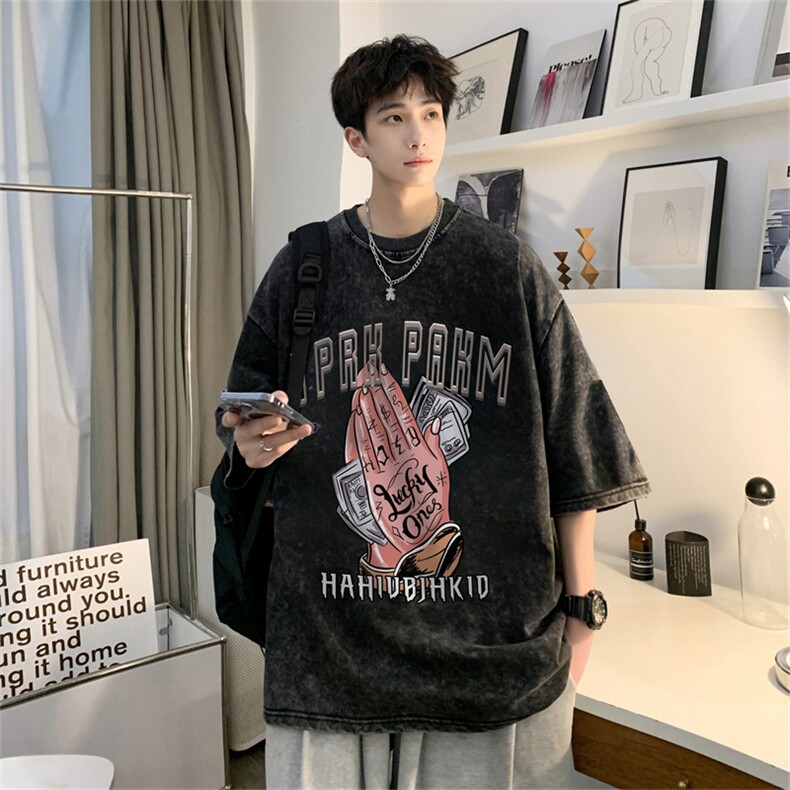 B239-1206-P38手握美金创意字母印花复古水洗做旧短袖T恤美式,男装T恤,星座514-2(原B239)