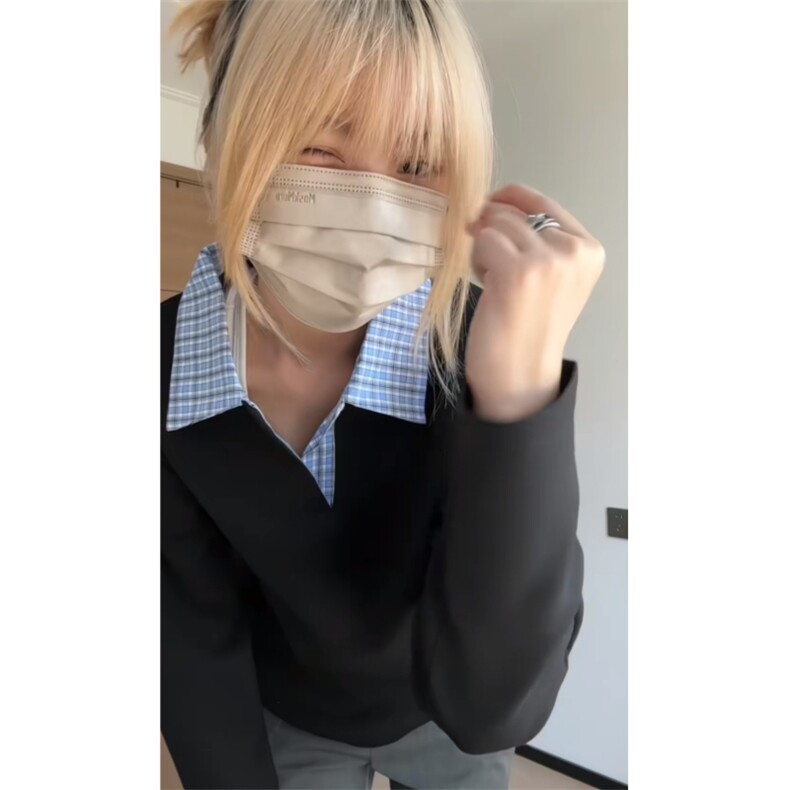 现货蓝色格子拼接翻领T恤长袖上衣情侣款男女 CX02-TP35图片