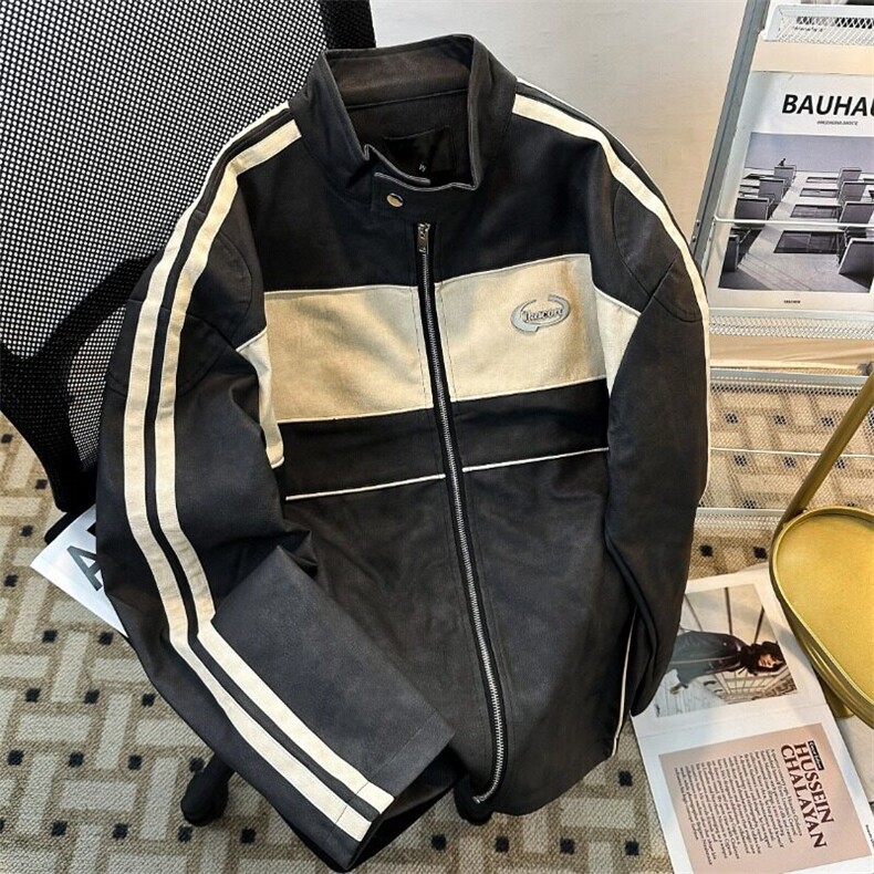 撞色拼接皮衣外套男春秋季美式高级感痞帅立领机车服JK8547-P77,男装夹克,星座1109-3