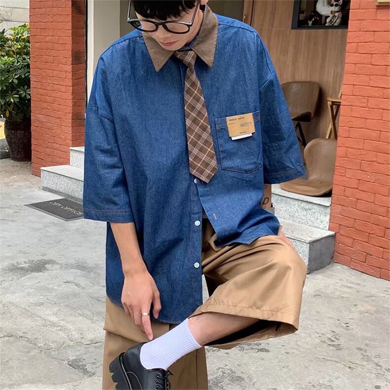 复古牛仔翻领短袖衬衫男女2024夏季新款宽松百搭设计感衬衣~C160,男装衬衫,星座601-2