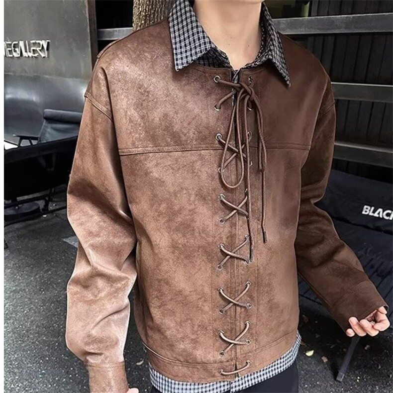 复古棕色抽绳对襟皮衣外套男春秋季夹克小众痞帅上衣服PY34-P76,男装夹克,星座208-5
