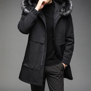 AL81001冬季男士派克服可脱卸兔毛内胆银狐毛领中长款风衣P900图片