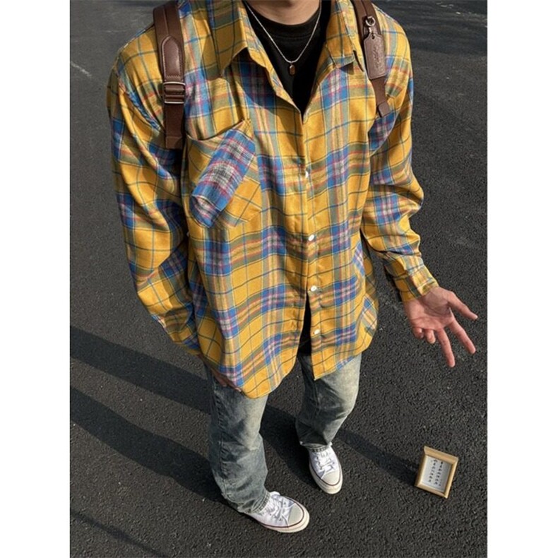 新款格子长袖衬衫男女慵懒中性风潮流百搭宽松衬衣oversize外套bf,男装衬衫,星座715-4