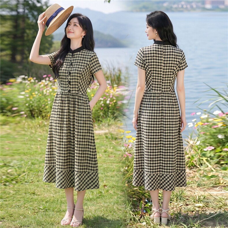 弹力面料学院风格纹连衣裙女春夏收腰显瘦中长裙格子裙子,女装连衣裙,水衣源