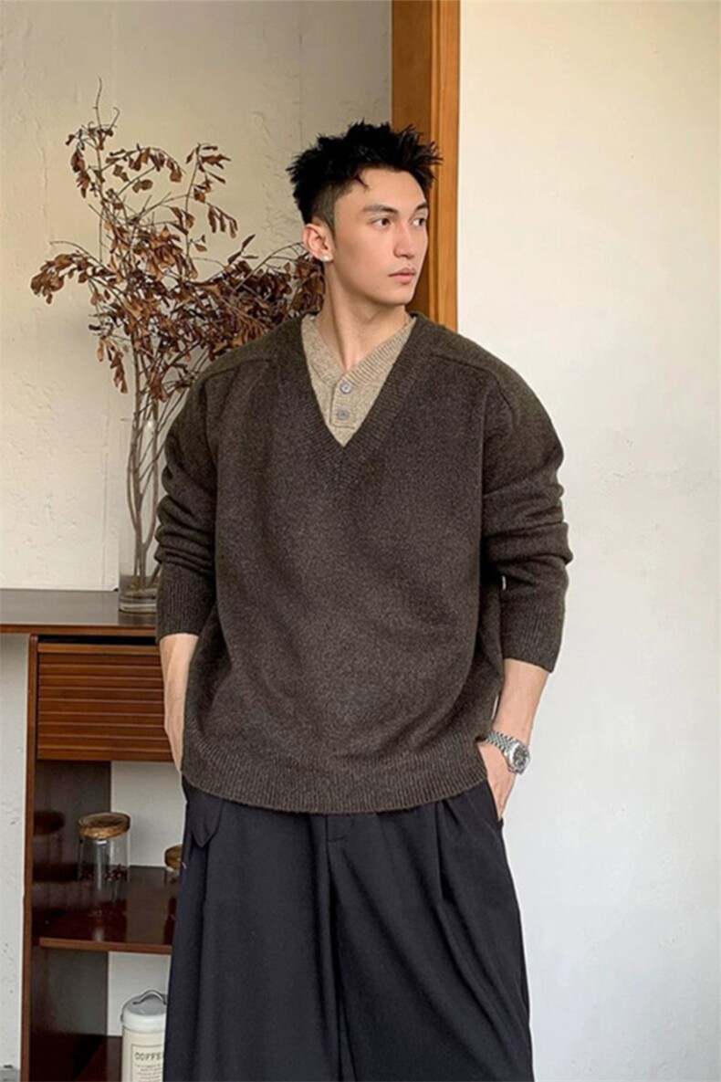网图-假两件v领针织毛衣男xh167-特p50,男装针织衫/毛衣,电商B367