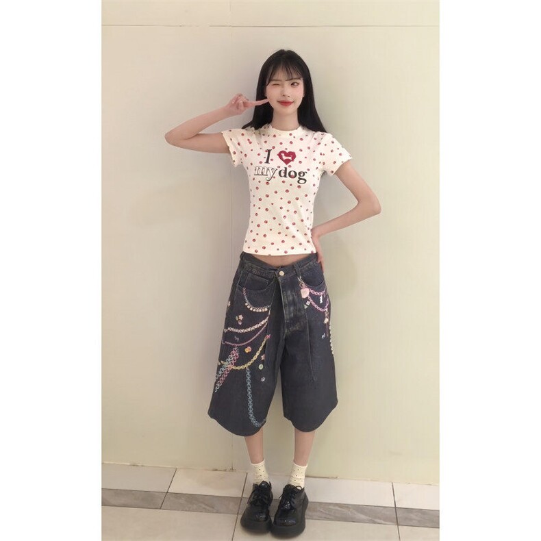 【有货】N1241CC-特P53美式3D链条彩色印花七分牛仔短裤男女,男装牛仔裤,星座1007（原301D）