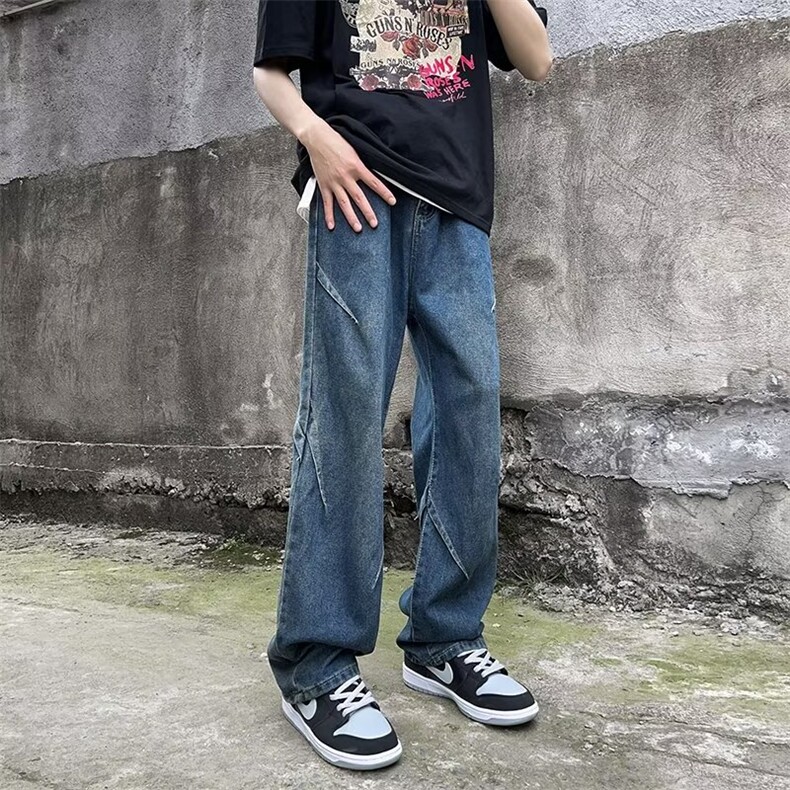 拼接水洗牛仔裤男款秋季潮牌设计感痞帅宽松阔腿长裤N770,男装牛仔裤,星座1116A-1（原606A）