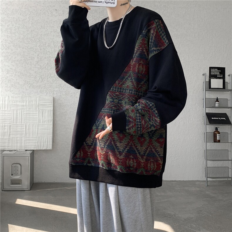 8XL-M民族风拼接卫衣大码胖子费尔岛上衣圆领复古外套WY5106/P55,男装民族服装,电商B238