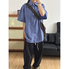 格子衬衫春夏美式短袖衬衫港风情侣装休闲衬衣CS286-P30，男装T恤，星座301C-5