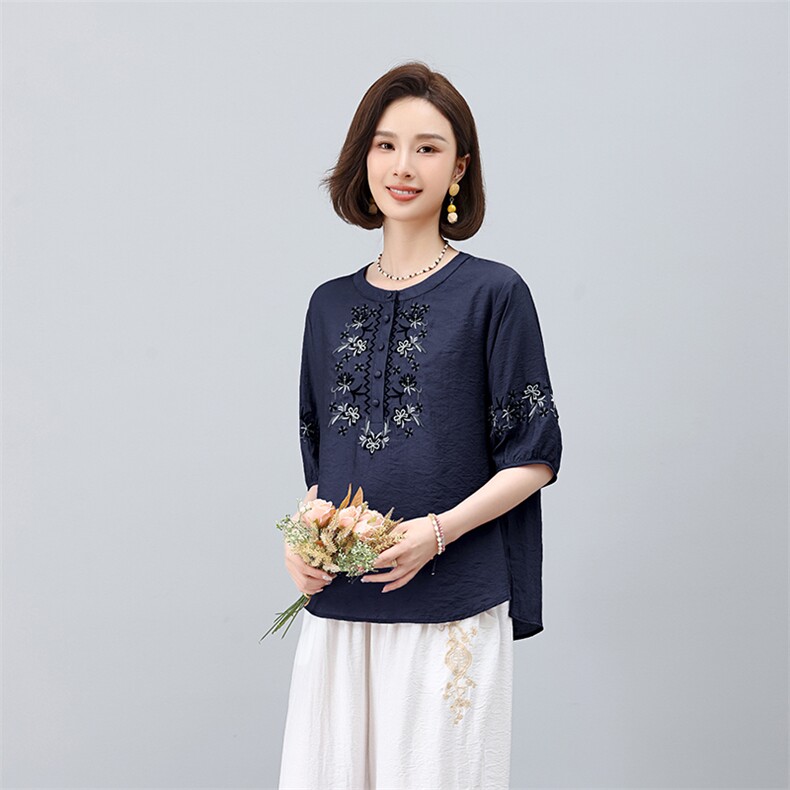 高端时尚妈妈装苎麻女2025夏季新款洋气刺绣衬衫休闲裤,女装衬衫,凝聚力