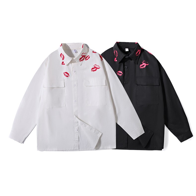 春季口红印花纯棉长袖衬衫潮流衬衣男休闲衬衫外套CS20P45，男装衬衫，电商C323