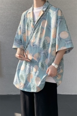 8XL-M冰丝凉感衬衣垂感透气复古花纹宽松男五分袖短袖衬衫CS526，男装T恤，电商D206-1