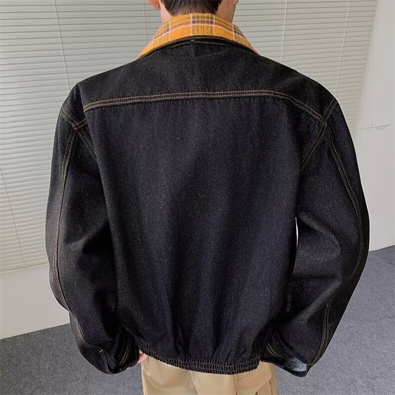 得物品质秋款男牛仔夹克衫刺绣格子领拼接宽松外套JK1041P85,男装工装外套,星座1013-1