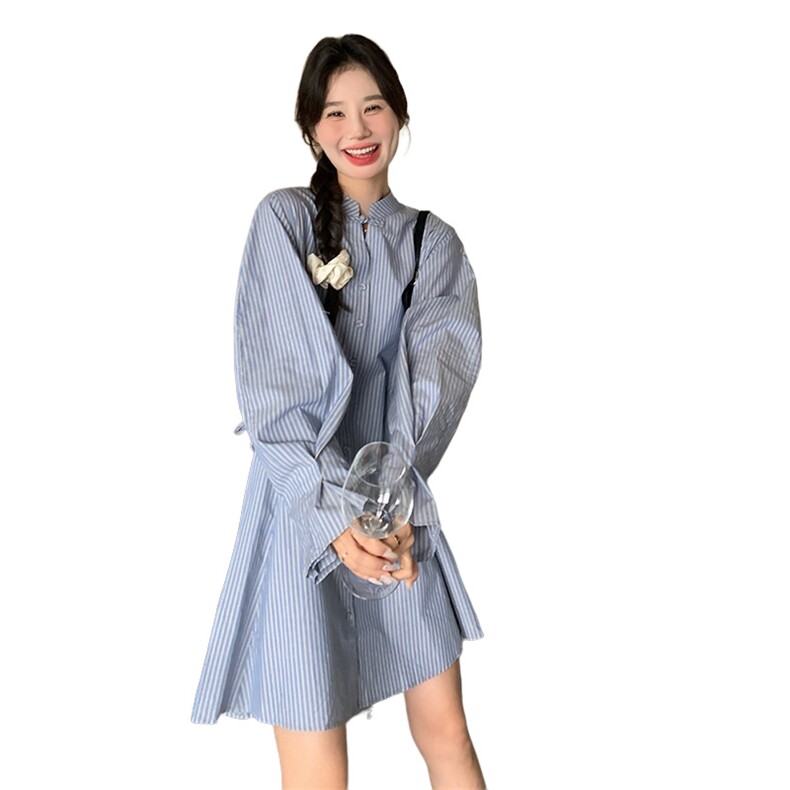 蓝白小个子条纹长袖衬衫连衣裙女2025春季新款韩系气质设计感裙子,女装连衣裙,灵力轩