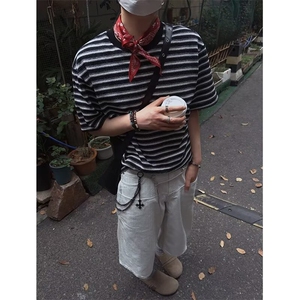 黑白条纹纯棉短袖t恤男女2025夏季度假穿搭新款冰丝正肩情侣半袖图片