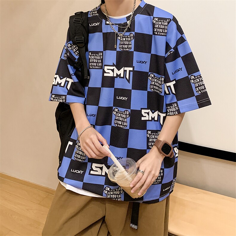 华夫格印花松休闲短袖T恤港风五分半截袖XFT221-P30控48,男装T恤,电商B370