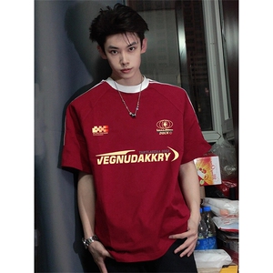 夏季美式高街重磅纯棉三条杠织带撞色男女短袖T恤ZD635-特P30图片