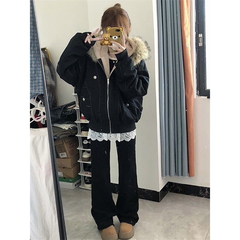 现货重磅boxy短款棉衣座山雕大毛毛领男女棉服水洗工装厚外套,男装棉衣,电商A486-1