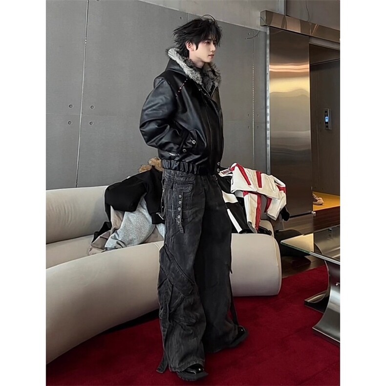 美式连帽座山雕皮衣外套棉服男冬季加绒痞帅毛领棉衣LS50433-P145,男装皮衣,星座1008