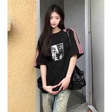 抖音得物品质二开240克宽松纯棉美式潮牌印花三条杠中性风短袖T恤，男装T恤，电商A486