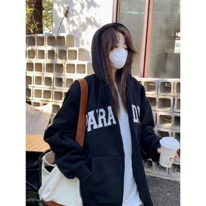 重磅秋冬季美式潮小众慵懒风甜美学院韩版拉链连帽卫衣外套女图片