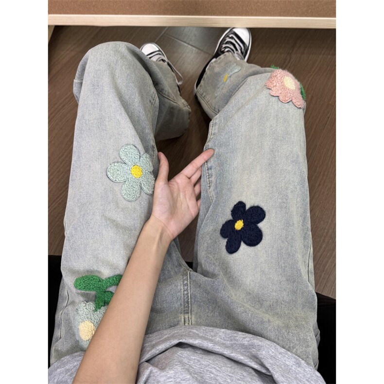 B221 美式ins高街暗黑毛巾绣宽松直筒牛仔裤 LK25497-特P45控89图片