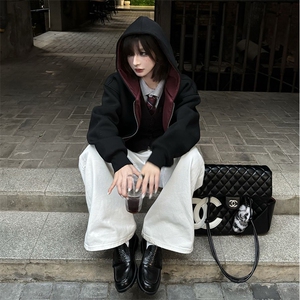 重磅高品质硬挺boxy26春装美式高街结构撞色拼接连帽卫衣开衫外套图片