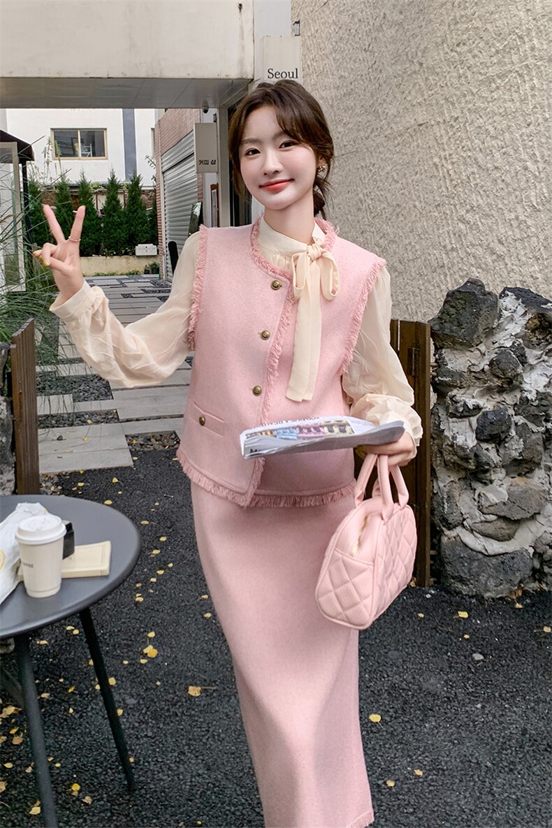 粉色小香风马甲套装裙女春秋三件套超火爆款漂亮流行气质高级感,女装套装/套裙,纯色衣恋