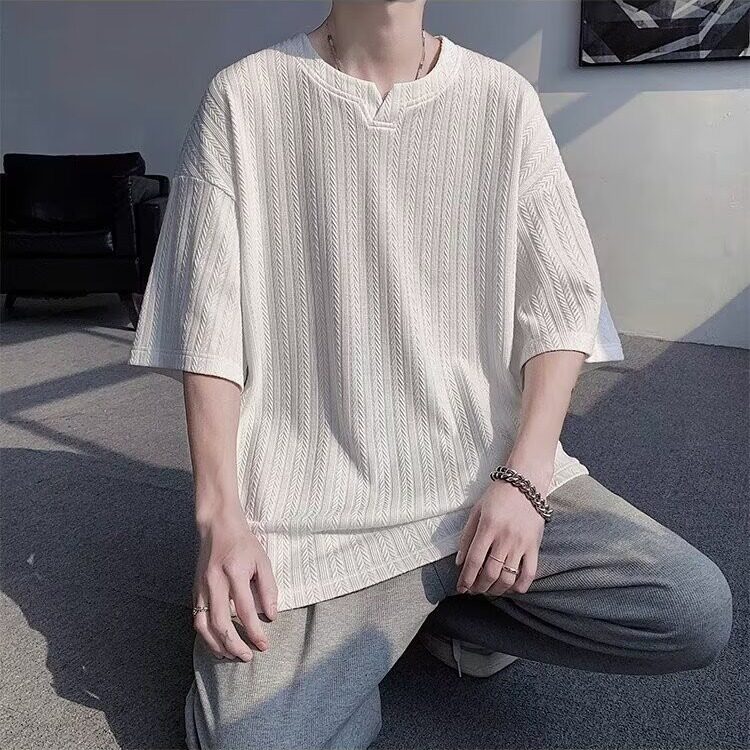 潮牌痞帅设计感麦穗条纹V领短袖T恤男复古百搭加大码胖子半袖体恤图片