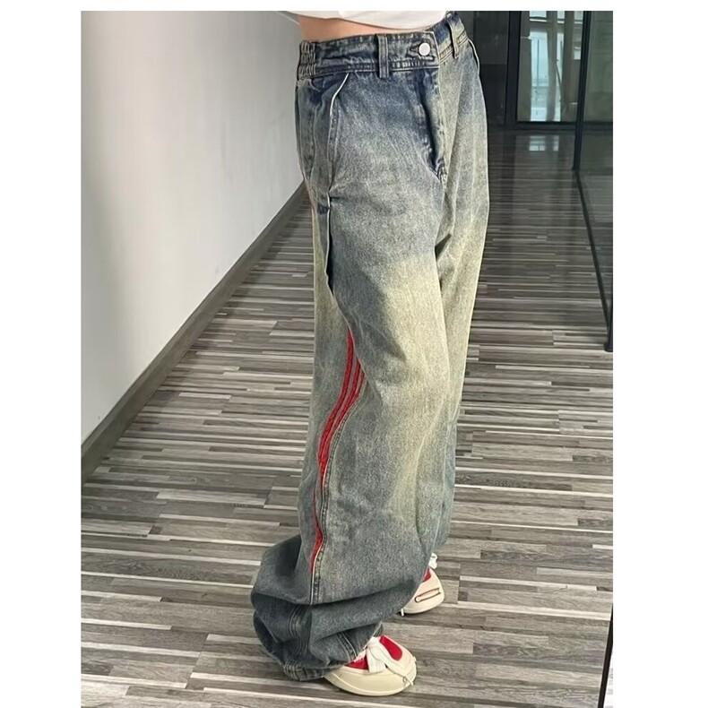 大码美式复古条纹撞色拼接做旧牛仔裤男女潮直筒宽松工装阔腿长裤图片