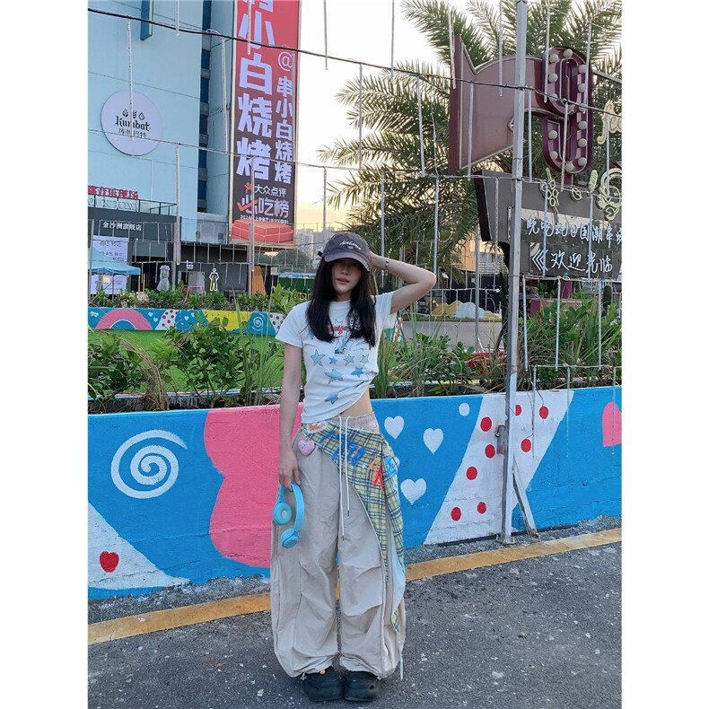 ABone美式复古辣妹宽松高腰屁帘拼接工装裤女2025夏季新款伞兵裤,男装工装外套,星座1210-1