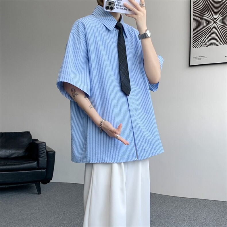 学院风jk领带条纹短袖衬衫大码休闲上衣高级感半袖衬衣DC5010/P55,男装衬衫,电商B238