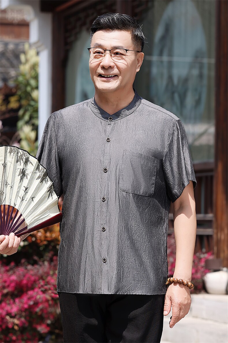 主推长年现货男高品质风中老年短袖衬衫套装中年短袖衬衫,男装中老年男装,钱塘723