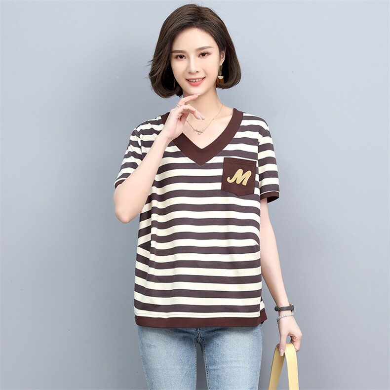 条纹T恤女短袖2022新款V领夏季小衫时尚妈妈装上衣,女装T恤,忆绮罗