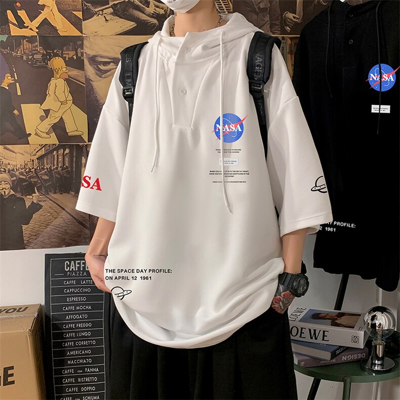 LD54243-P45NASA连帽短袖t恤男大码胖子带帽五分袖中袖,男装T恤,电商A040