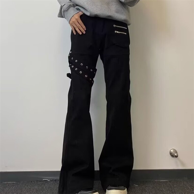 黑色vibe绑带微喇牛仔裤男cleanfit美式高街修身裤子LA5466-P53,男装牛仔裤,星座1008