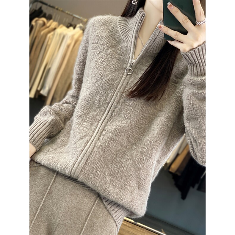 鹿邦蓝秋冬新款纯山羊绒开衫女加厚半高领拉链毛衣外套针织衫,女装羊毛衫,美雪羊绒