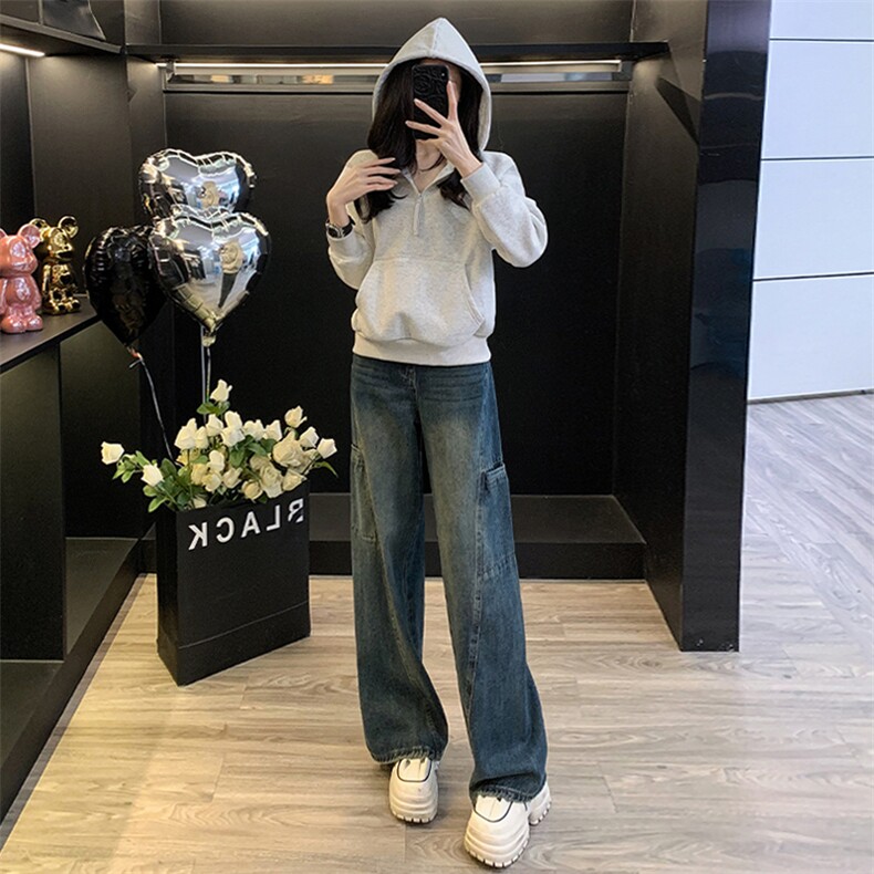 女秋冬减龄灰色卫衣阔腿牛仔裤套装潮图片