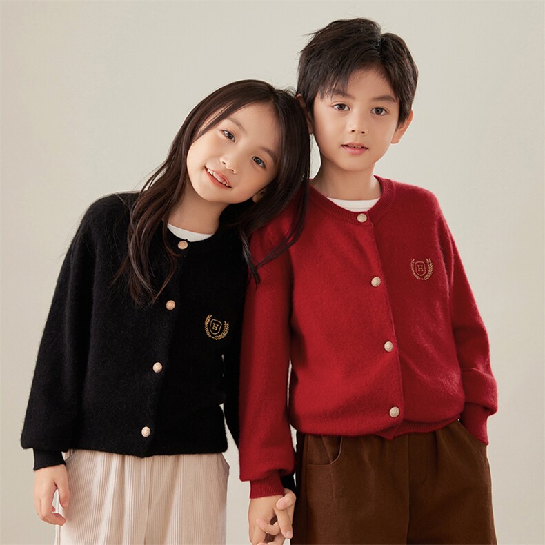 秋冬男女同款弹力舒适罗纹领口时尚百搭开衫，童装卫衣/绒衫，贝美羊绒