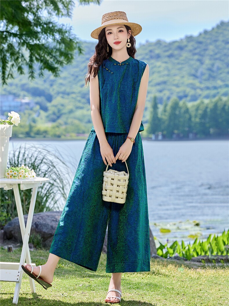 现货2026夏季新中式老钱风提花新款套装两件套,女装套装/套裙,伊仟回